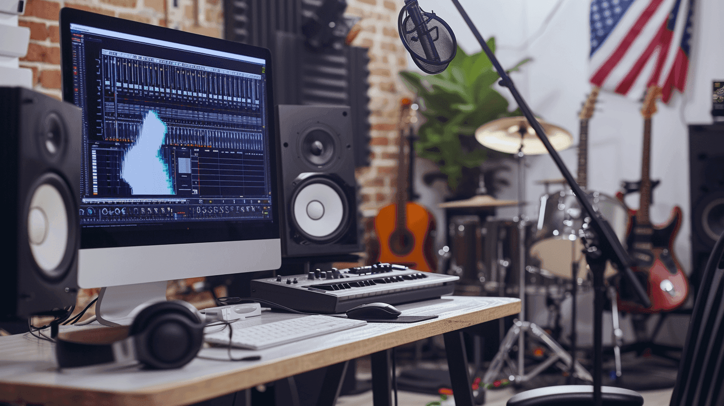 Audio technology studio setup with instruments and speakers