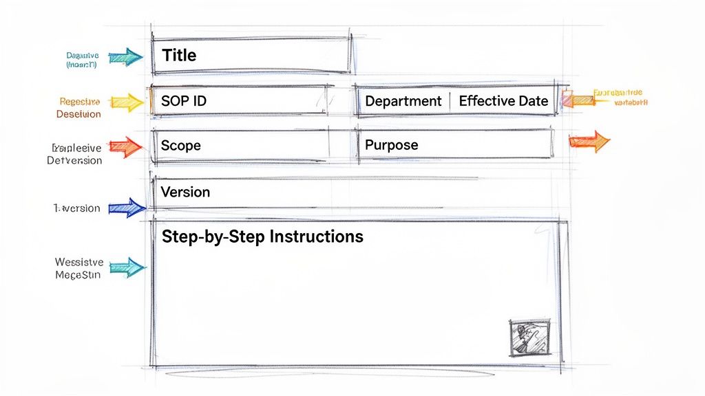 A hand-drawn sketch of a Standard Operating Procedure (SOP) template with various fields.