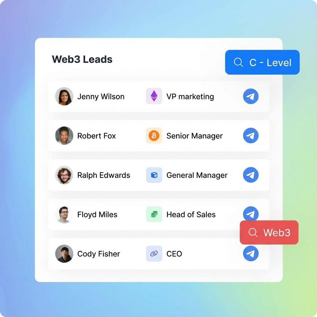 Web3 Leads Database with 5 rows containing Names, Job Titles and company logos