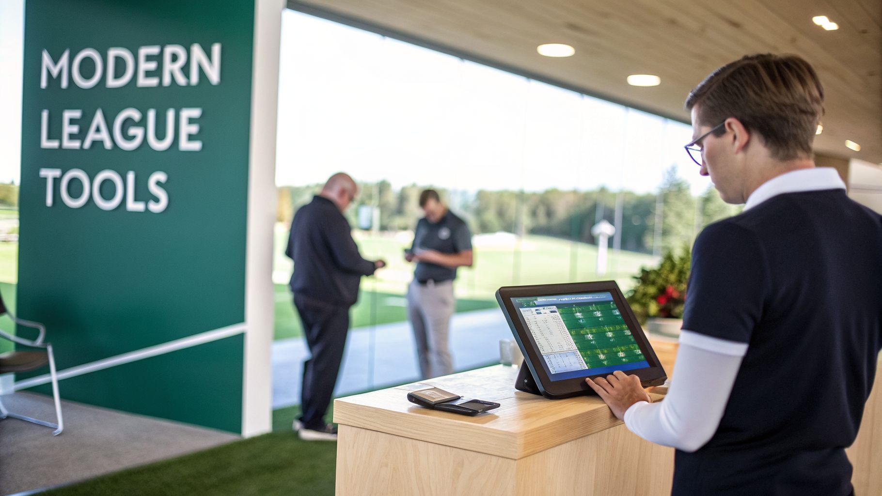 A man interacting with a digital touchscreen display, likely for golf league programs, at a modern facility.