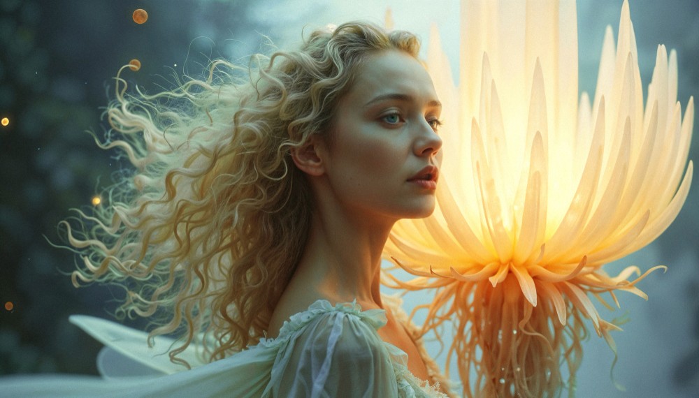 A fantasy portrait of a blonde woman with curly hair standing next to a glowing, large white flower
