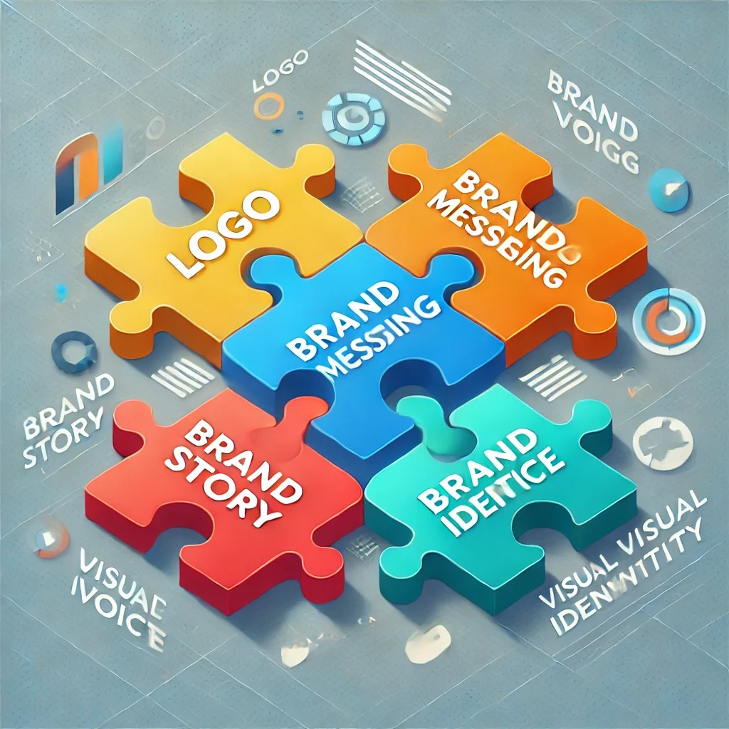 A digital illustration of five interlocking puzzle pieces, each labeled with one of the key elements of a strong brand Logo, Brand Messaging, Brand Story, Brand Voice, and Visual Identity