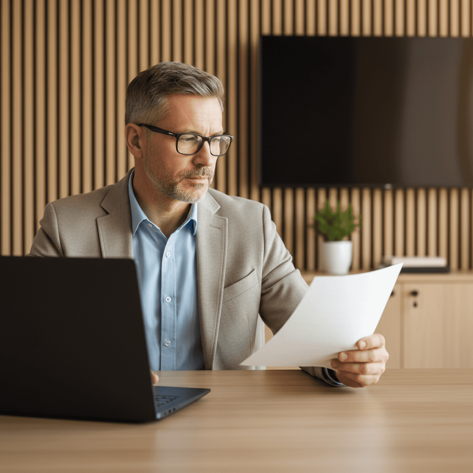 Profissional olhando para um papel com notebook na frente