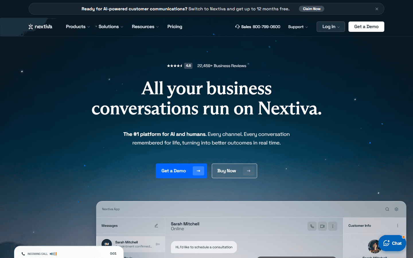 Nextiva's homepage, headlined "All your business conversations run on Nextiva."