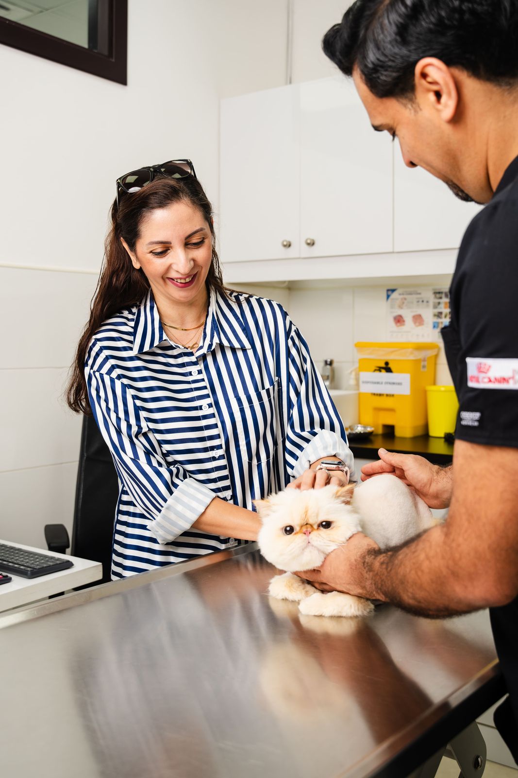A veterinarian is holding a cat for a checkup while the pet owner helps by keeping it still. 