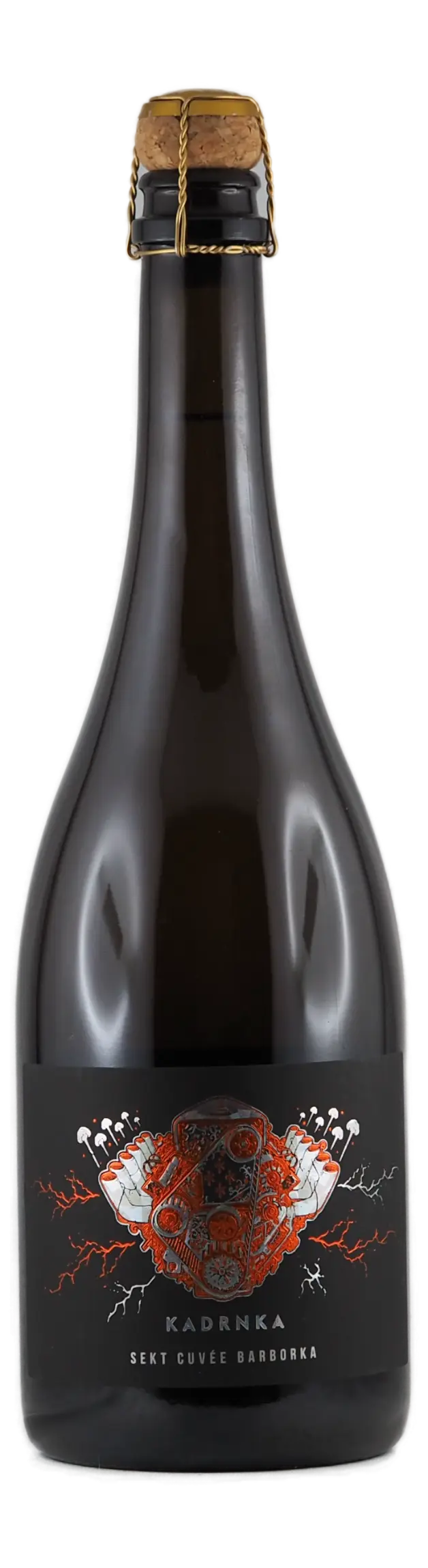 Sekt Barborka Kadrnka extra brut 2020, bosecco pod špuntem
