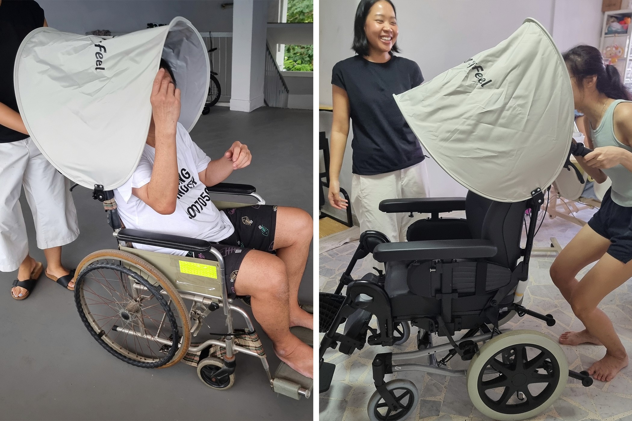 Two photos side by side each with people tinkering with a wheelchair and a flappy cover