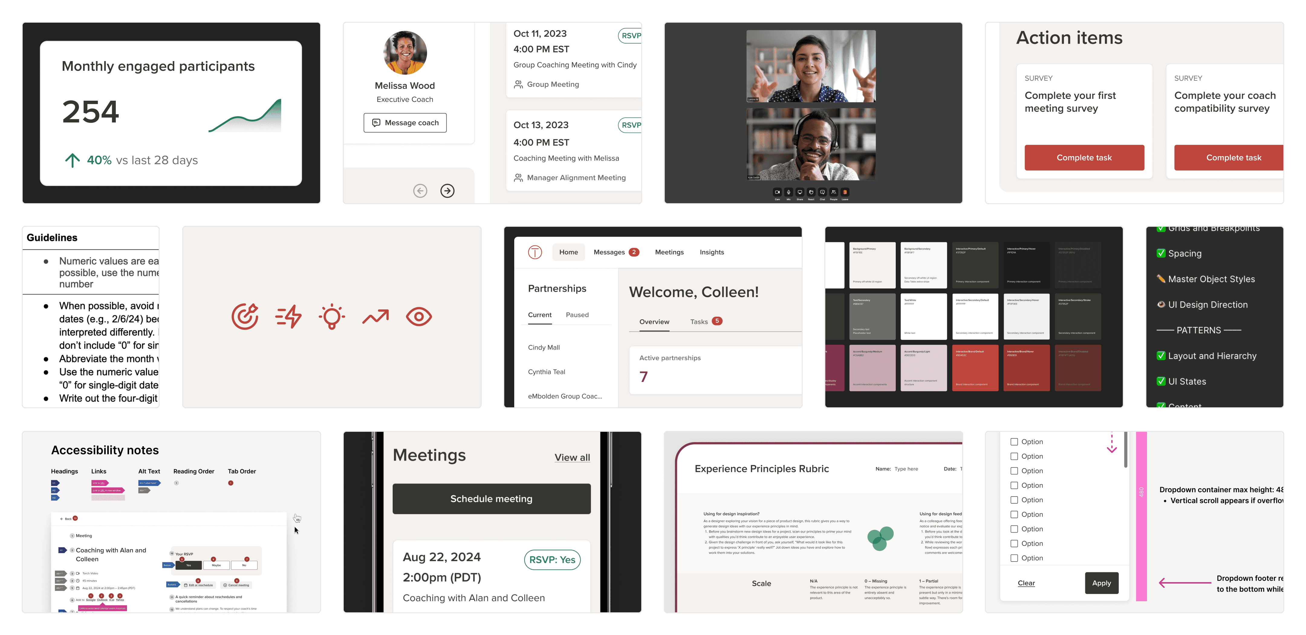 Collage of various Torch design system elements, including product features, individual components, and design process documentation.