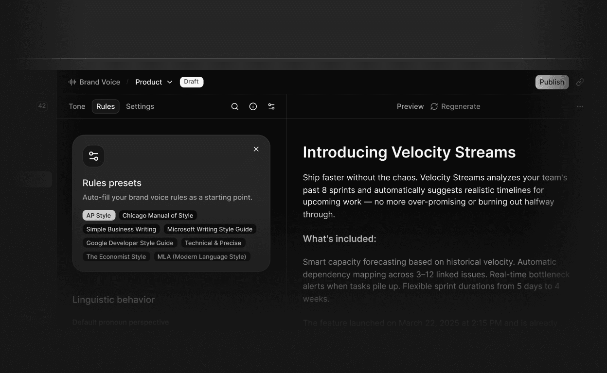 AI preview screen showing brand voice rules presets alongside a generated content preview in Brivvy.