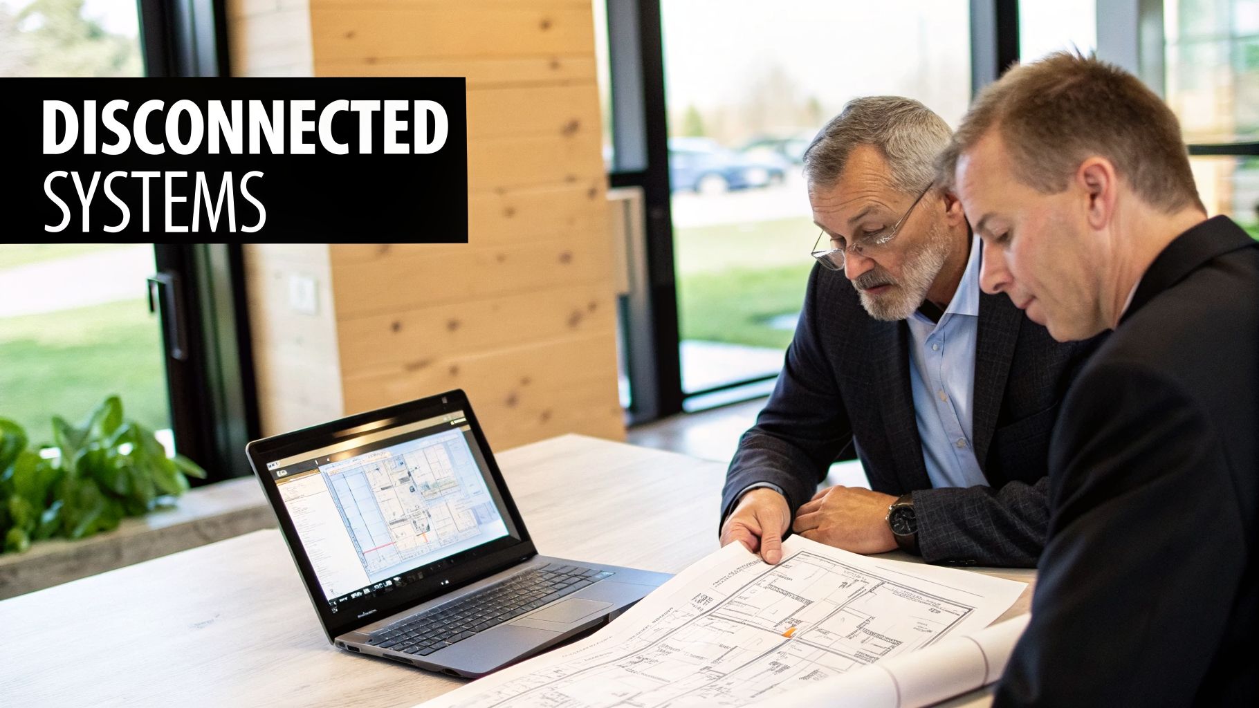 Two men in business attire review building blueprints and a laptop, with 'Disconnected Systems' text.