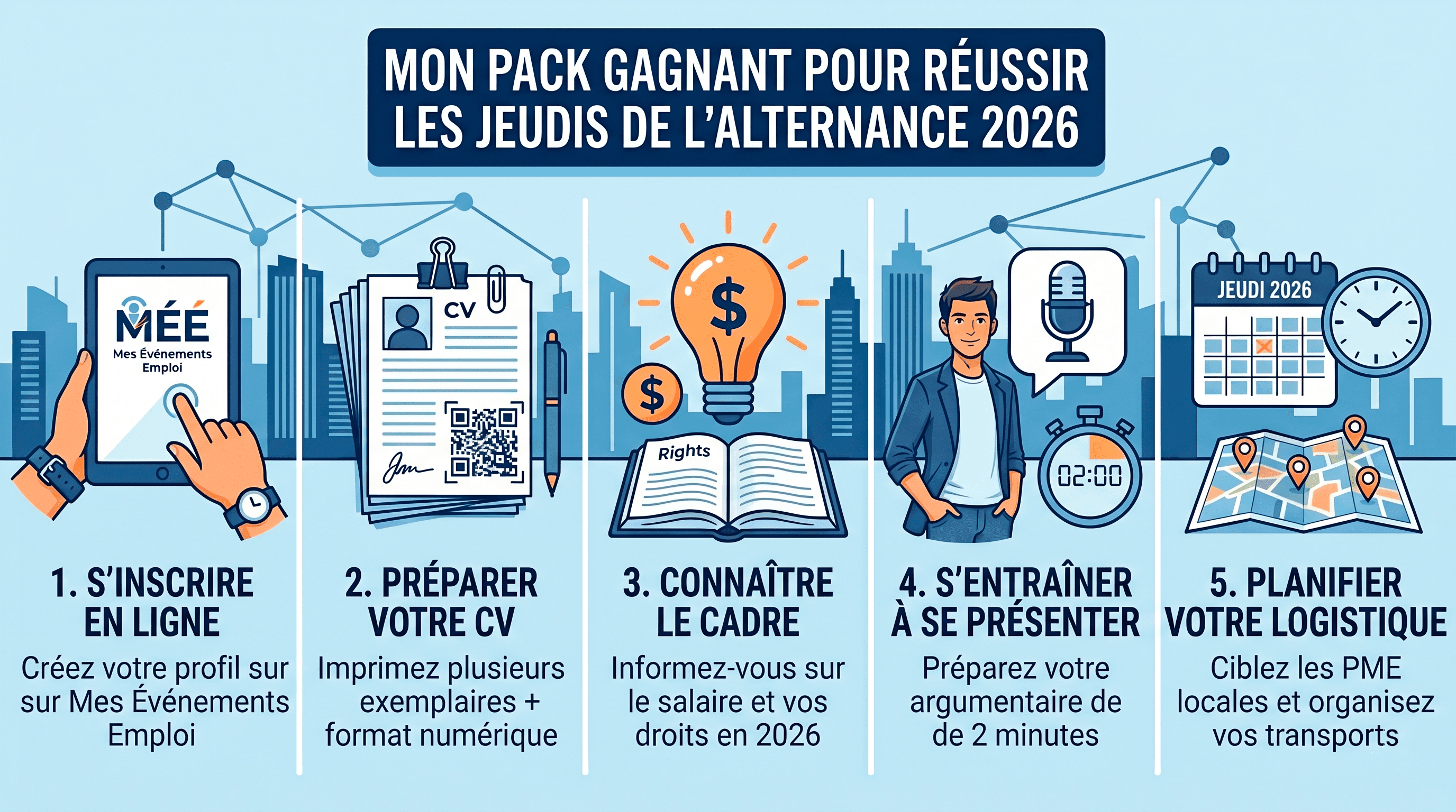 Infographie complète Linkpick en flat design détaillant les 5 étapes pour réussir Les Jeudis de l'Alternance 2026 : 1. Inscription en ligne sur la plateforme Mes Événements Emploi ; 2. Préparation du pack CV en format papier et QR code ; 3. Information sur les salaires et les droits des alternants en 2026 ; 4. Entraînement au pitch de présentation de 2 minutes ; 5. Planification logistique et ciblage des PME locales. Illustration vectorielle aux couleurs bleu ciel de Linkpick.