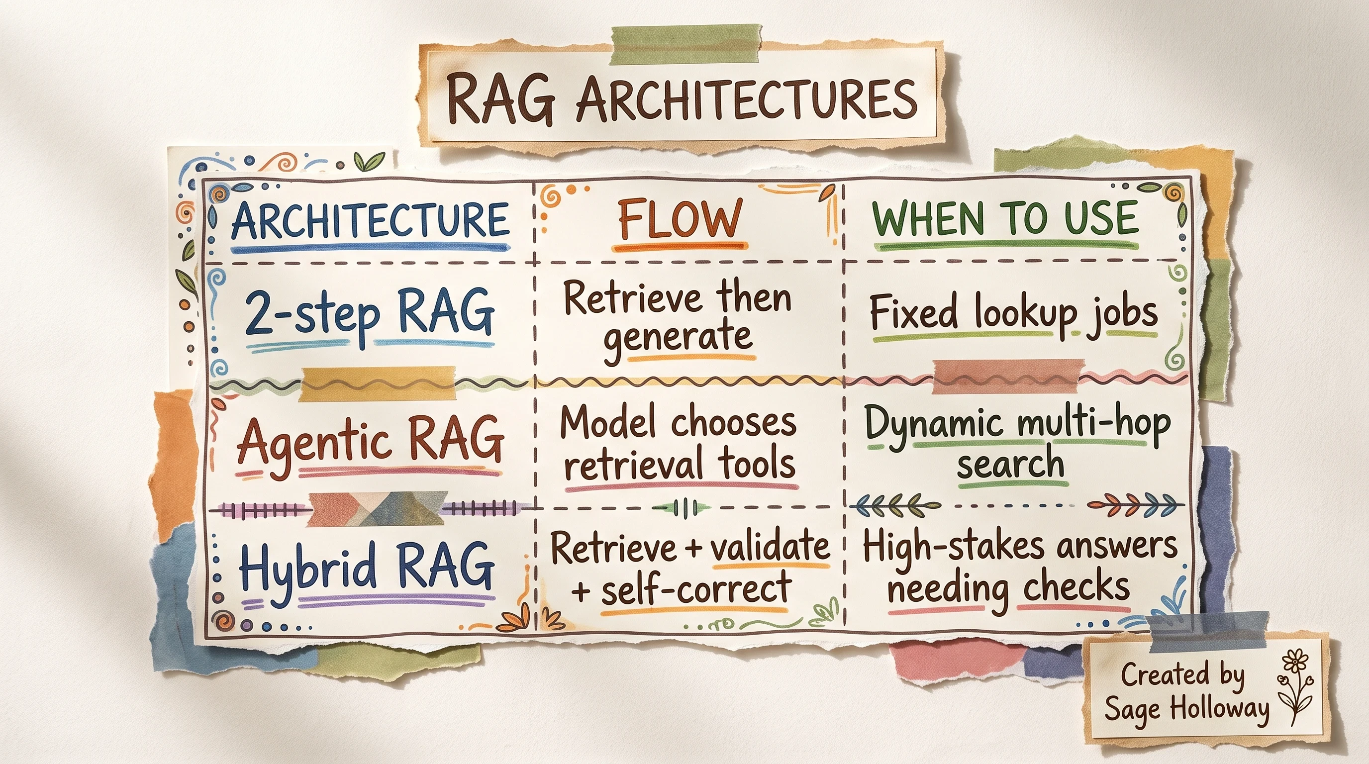 Table comparing 2-step, agentic, and hybrid RAG architectures for LangChain retrieval