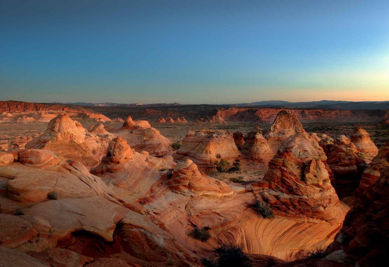 Rocky desert landscape with layered sandstone formations under warm light