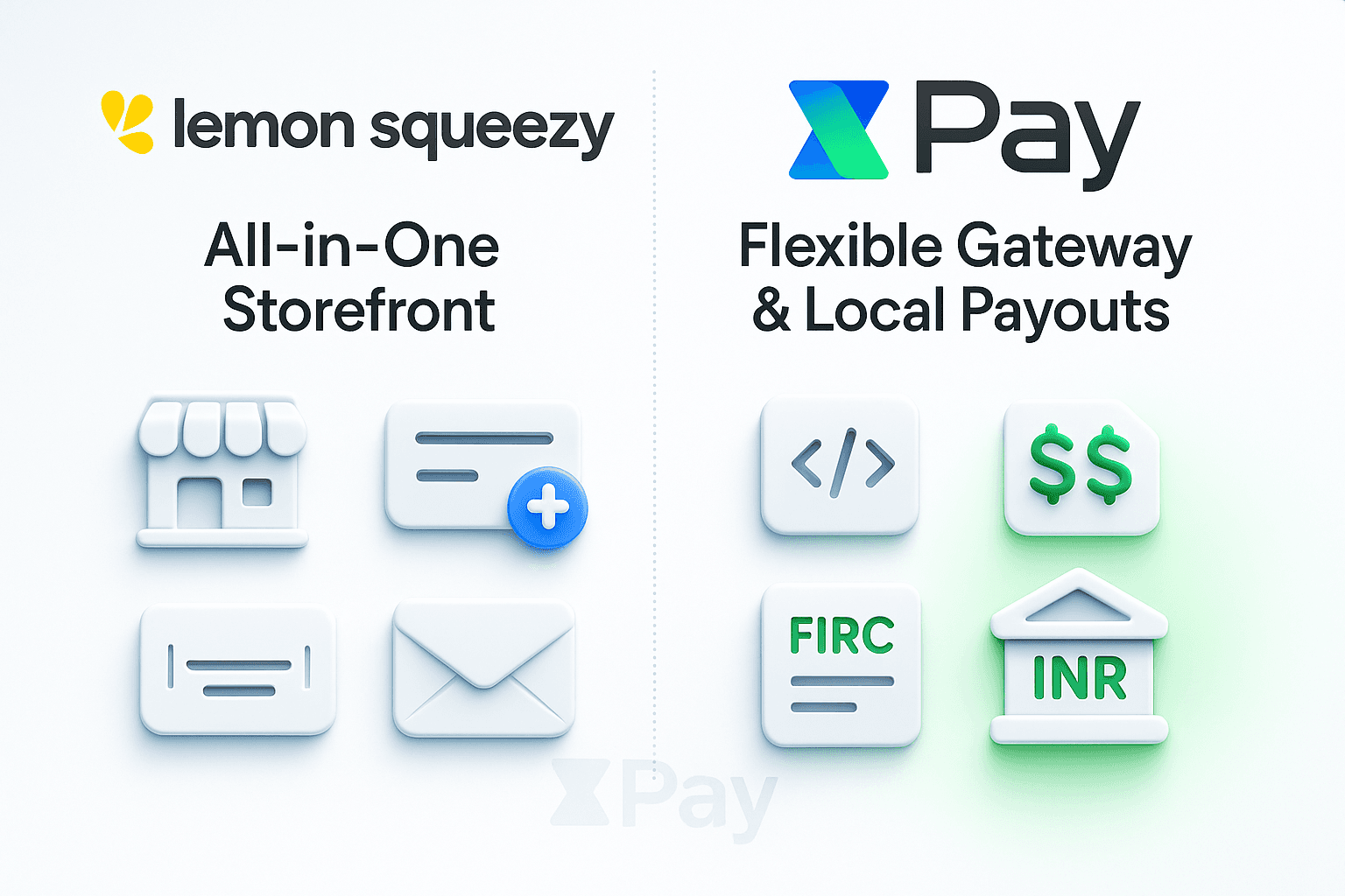 Premium side-by-side comparison graphic featuring Lemon Squeezy and XPay with correct brand logos, 3D icons, and glow-enhanced elements representing storefront and payment gateway features.