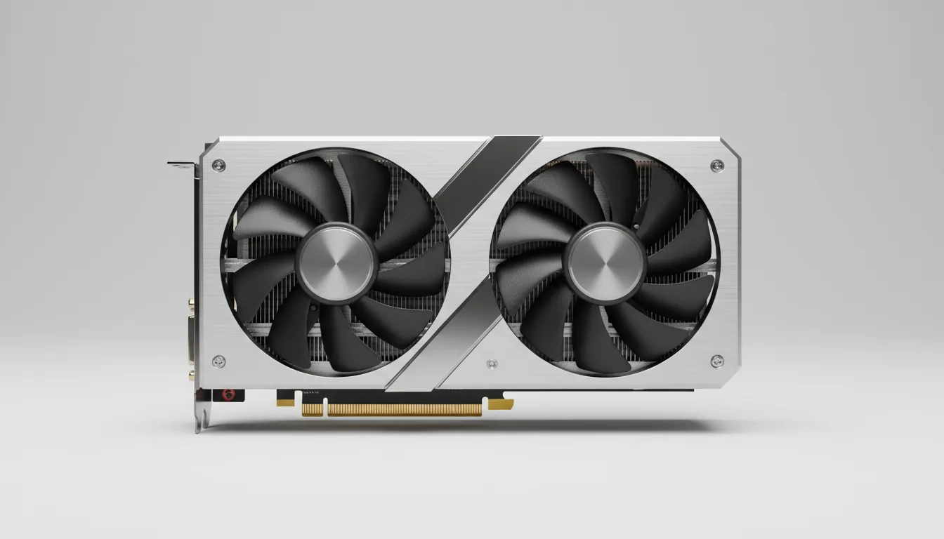 High-fidelity studio product photograph of a modern dual-fan GPU, captured straight-on, profile view. Under soft studio lighting, isolated on a clean, light grey background. The graphics card has a clean, industrial design with a brushed silver aluminum shroud and a distinctive diagonal metallic accent. Two large, matte black fans with circular brushed metal hubs sit recessed in the black heatsink. The gold-plated PCIe connector and metal I/O bracket are visible and in sharp focus.
