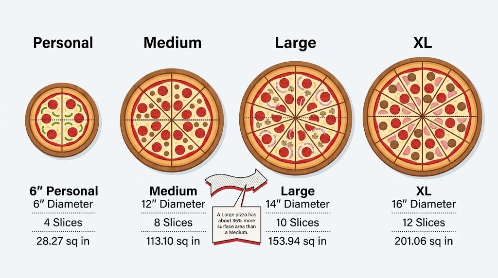 Infographic comparing Pizza Hut pizza sizes: 6" Personal, 12" Medium, 14" Large, and 16" XL. Shows diameter, number of slices, and total surface area for each, highlighting that a Large pizza has about 36% more surface area than a Medium.