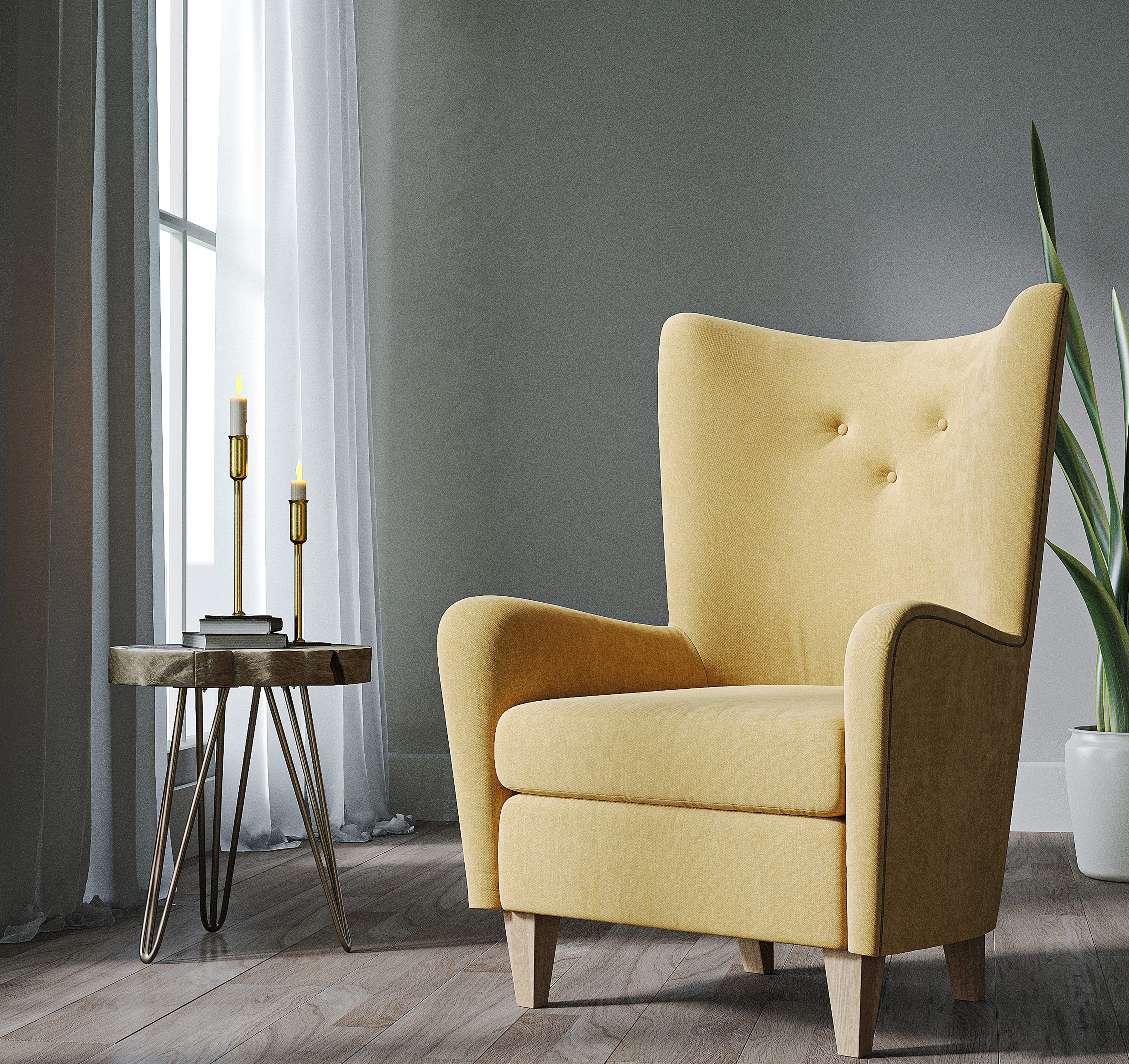 Wingback armchair in living room with side table and natural light