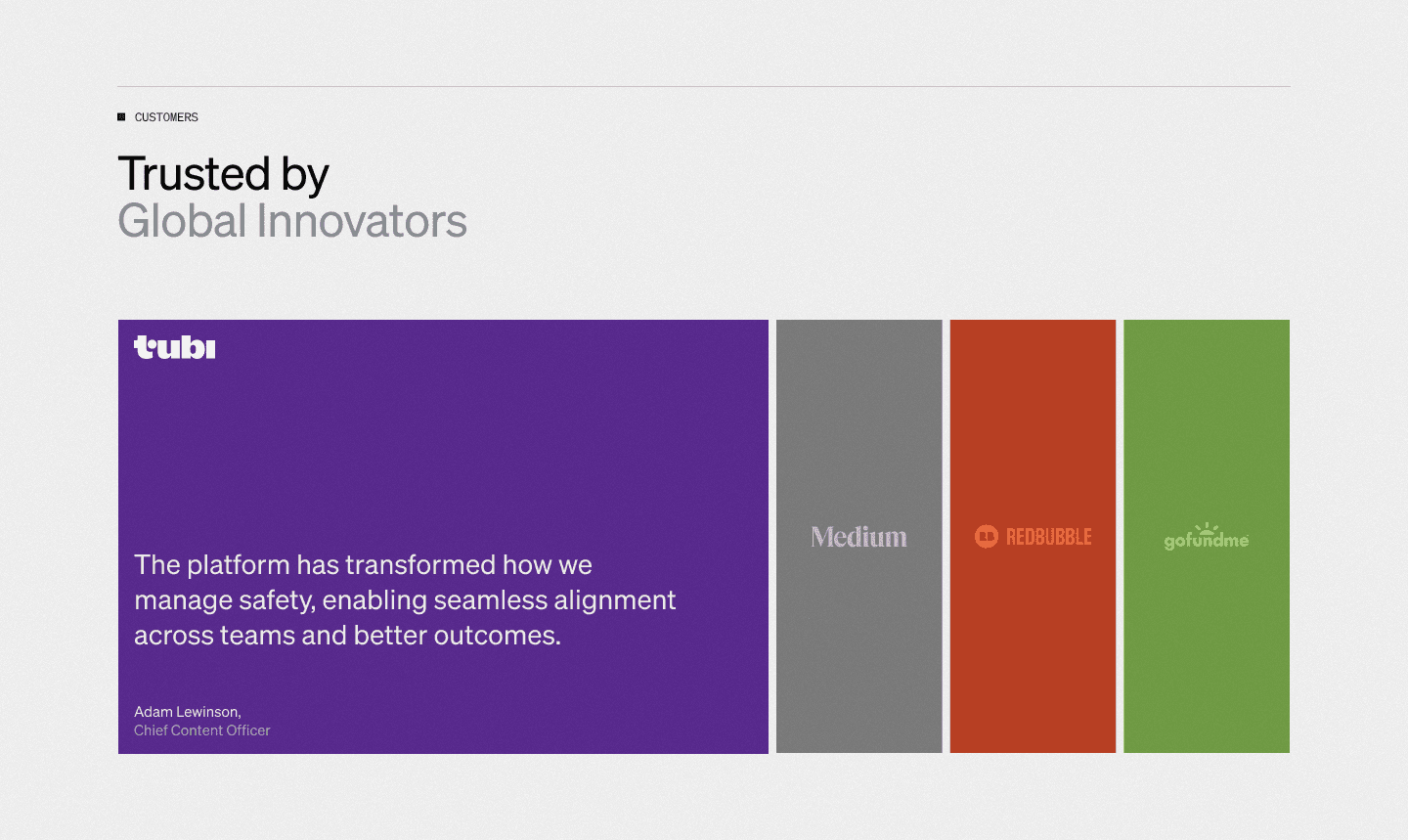 Webpage showing "Our Customers" and logos of leading companies like Grammarly, Sophos, and Figma. Featured stories are also shown.