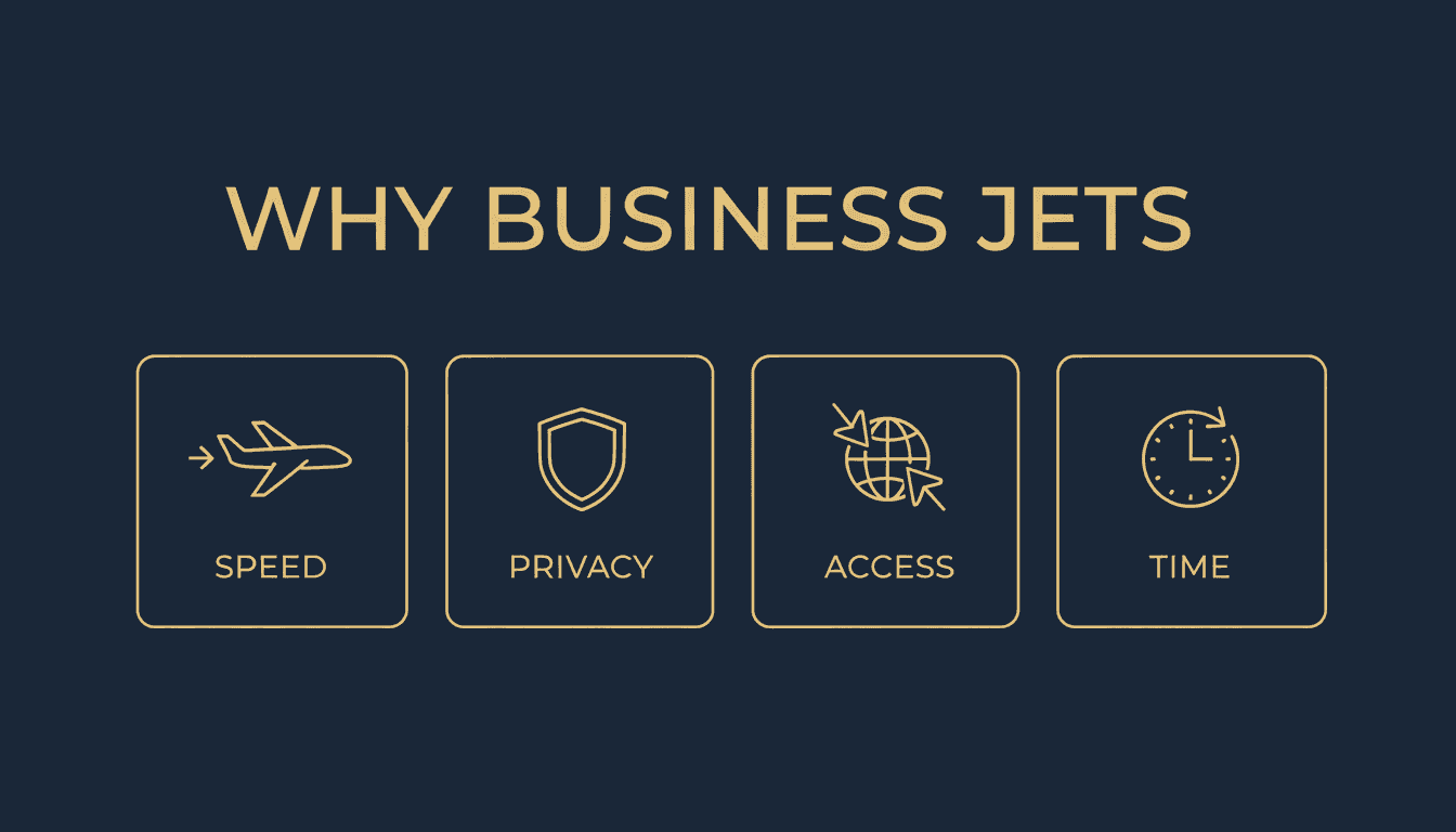 Why choose a business jet - speed privacy access time infographic