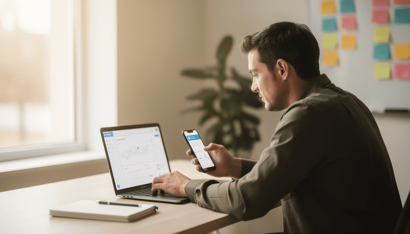 Solo founder at a home office desk reaching out to early customers on laptop and phone