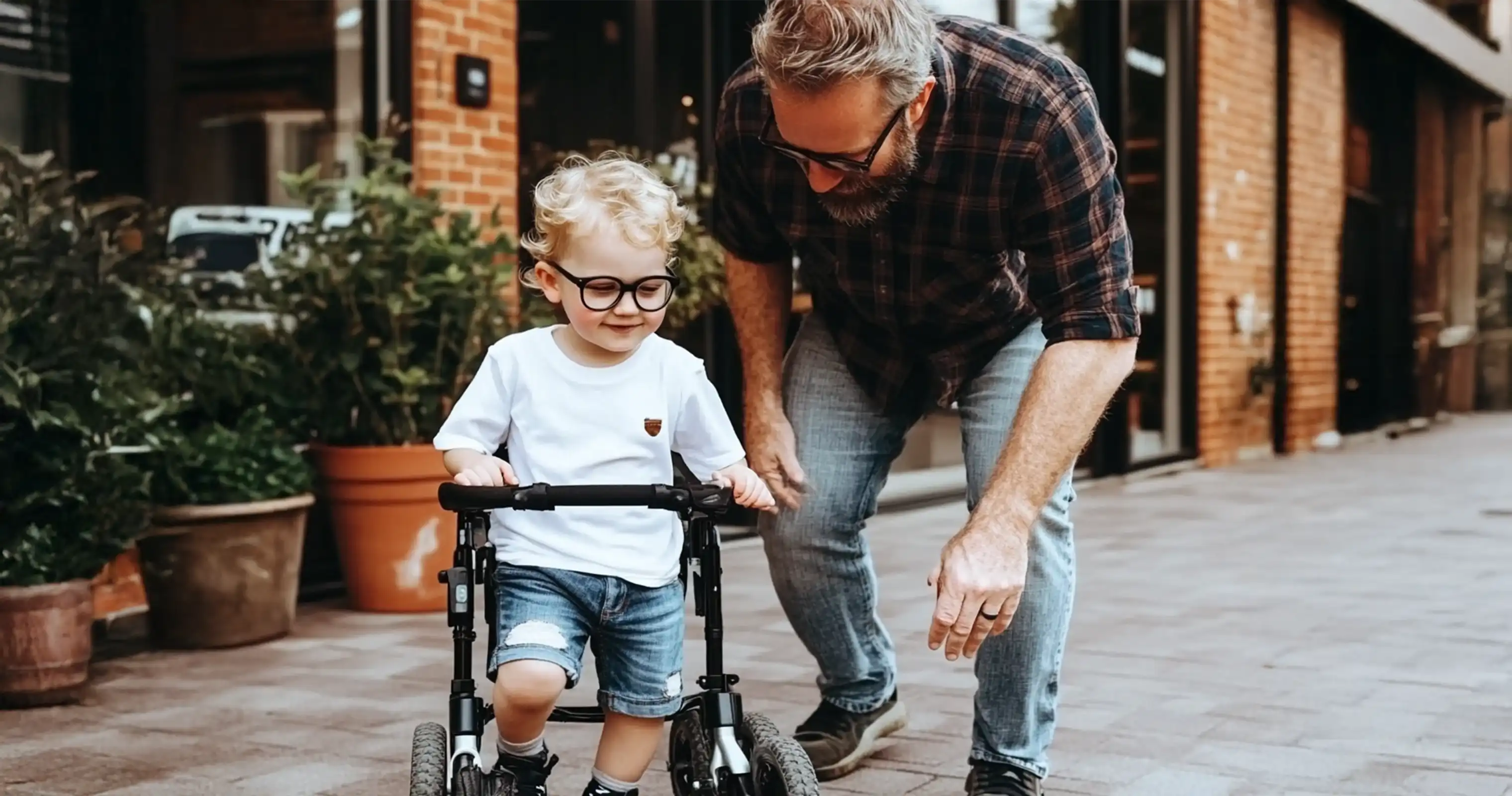 A compassionate nanny assisting a child with a walker outdoors, highlighting the specialized care provided by special needs nannies.