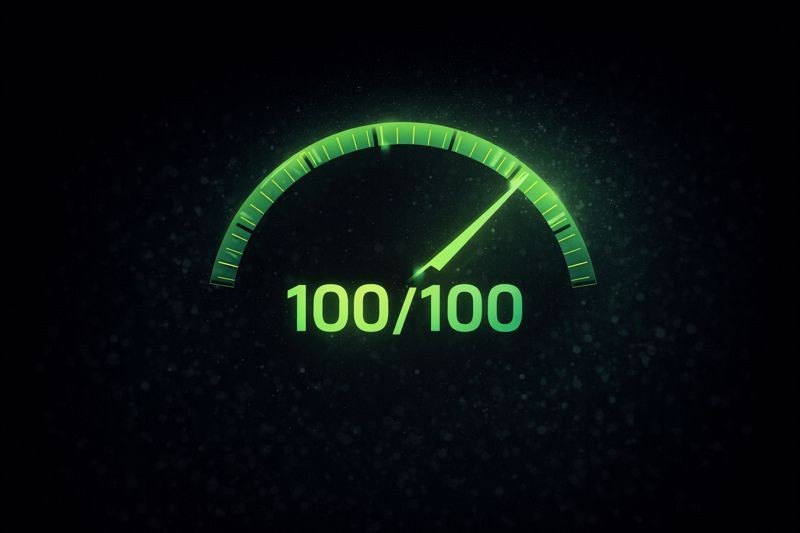 Illustration en mode sombre montrant un compteur de performance numérique stylisé affichant 100/100 en vert, symbolisant une efficacité maximale et une consommation d’énergie optimisée.