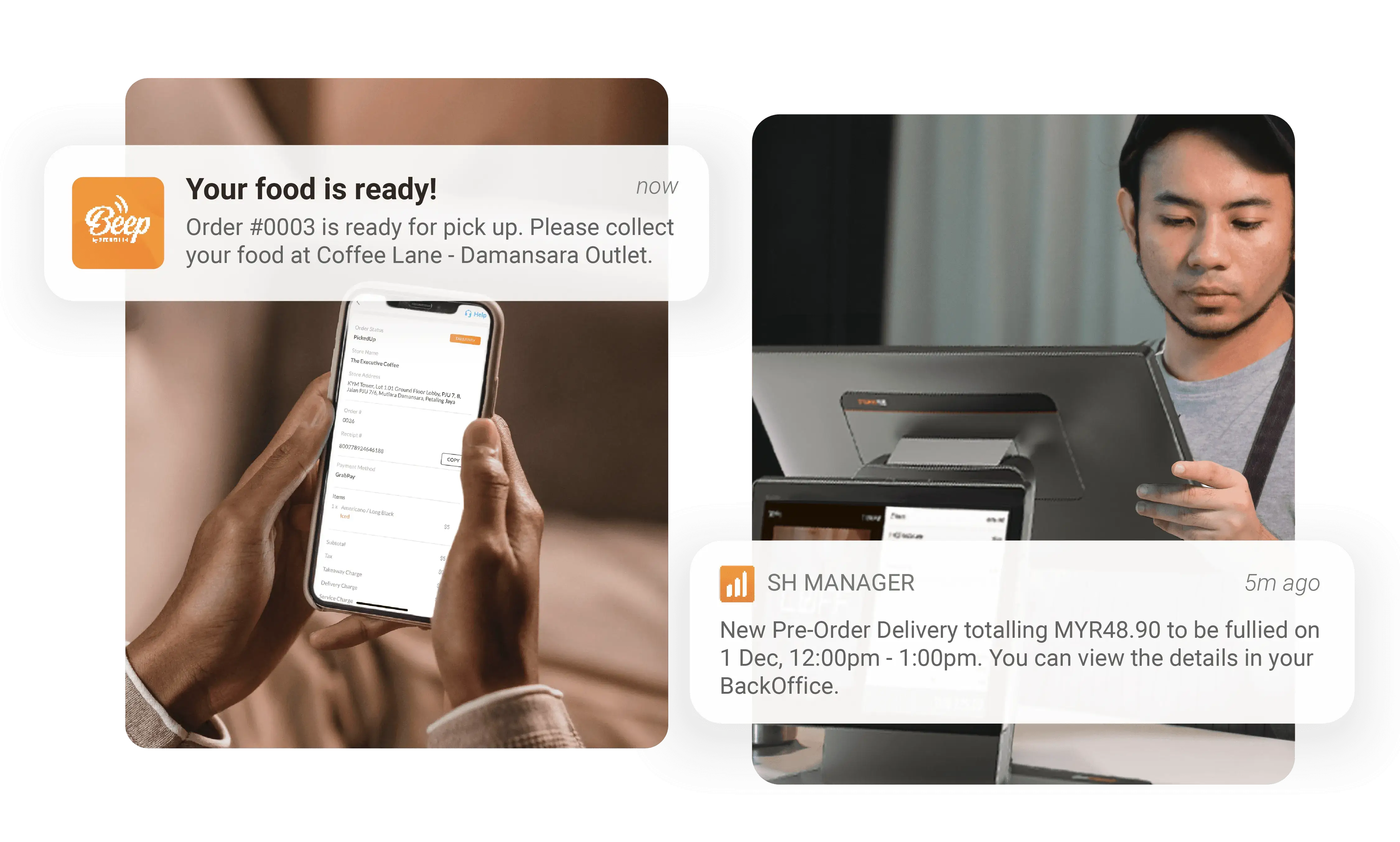 Real-time food order notifications for customers and merchants through StoreHub POS and online ordering system.
