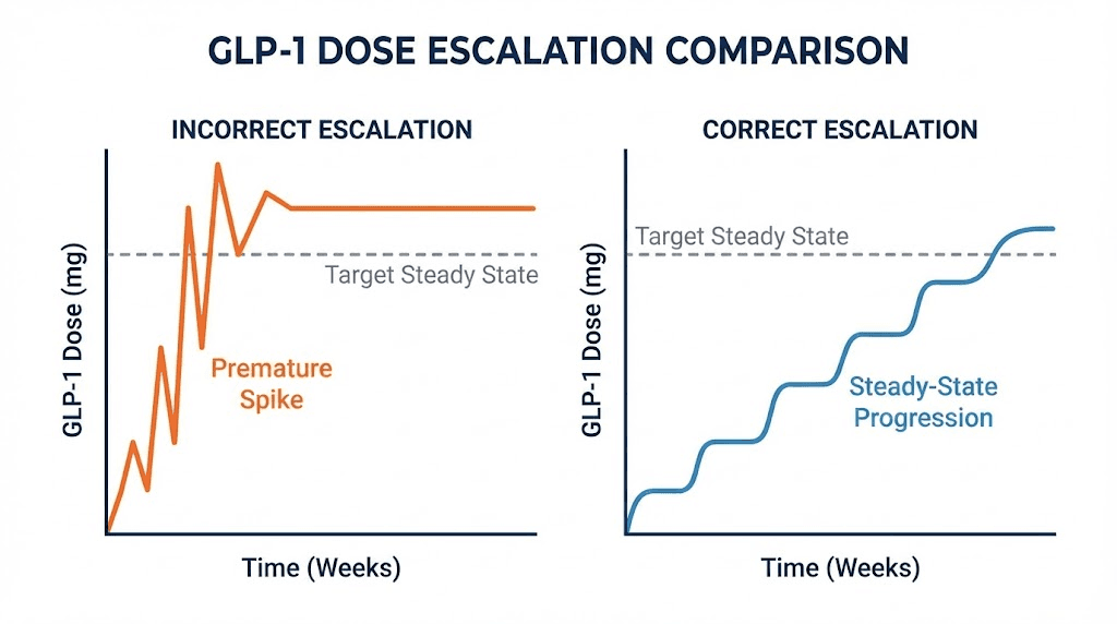 GLP-1 plotter showing common dosing mistakes versus correct escalation timing