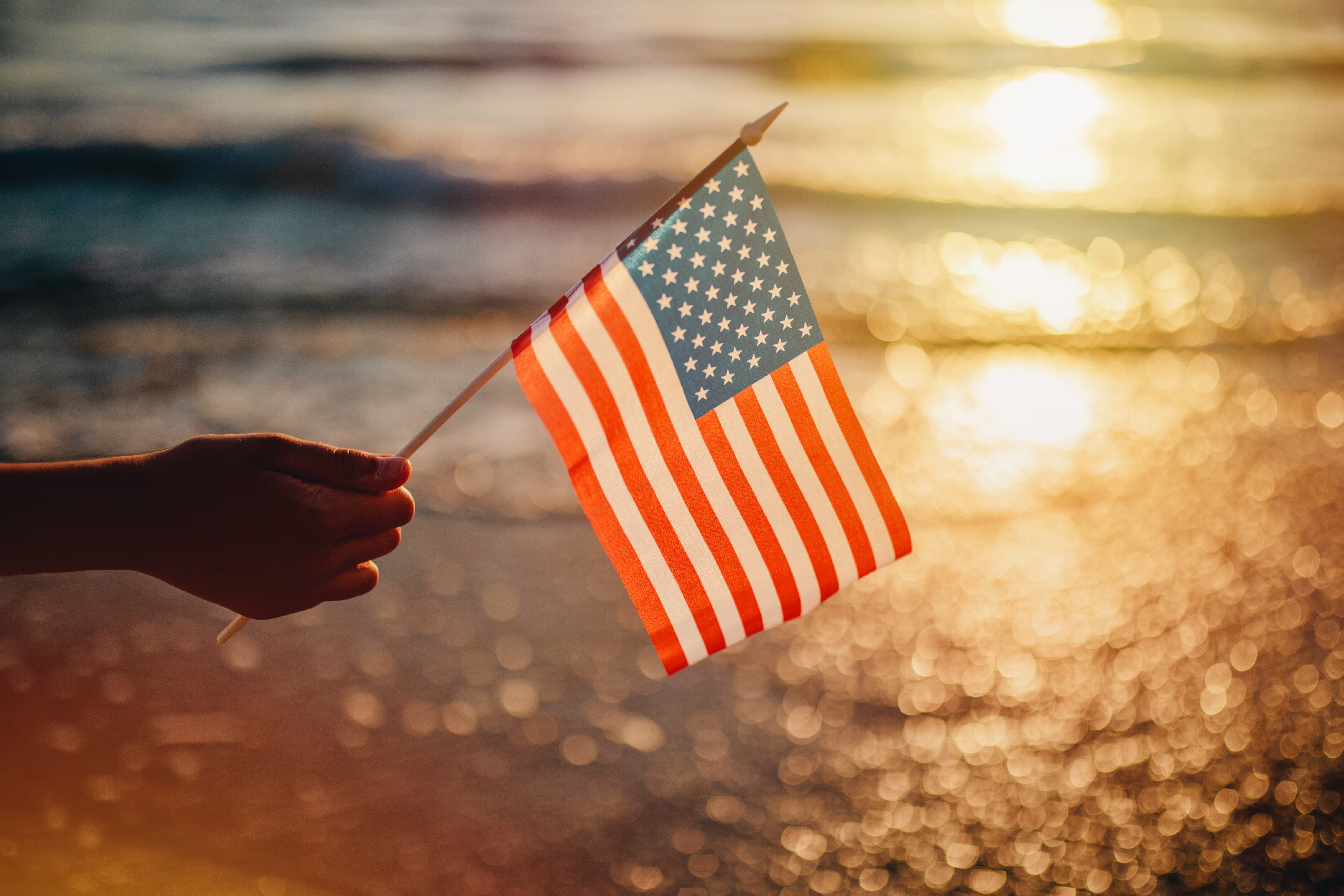 child in white crew neck t-shirt holding us a flag