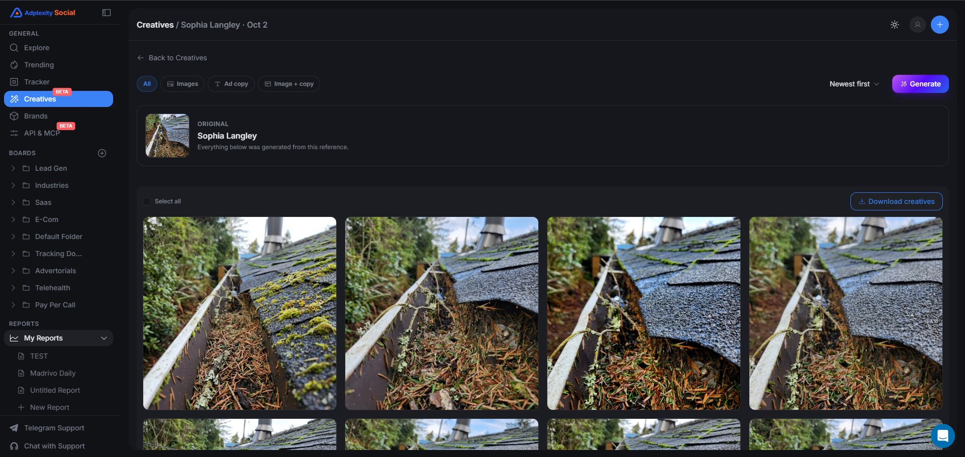 The Creatives results page for the gutter run, with the original at the top and the generated variations below