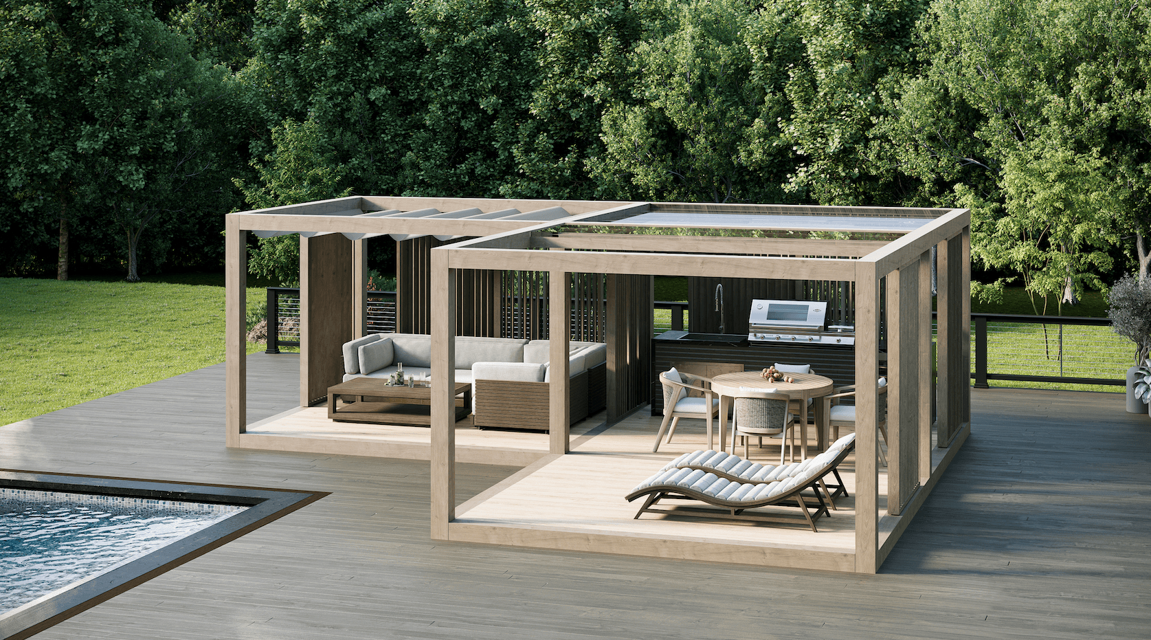 Moderní zahradní pergola TerraBlock – přírodní dřevo, stylová terasa