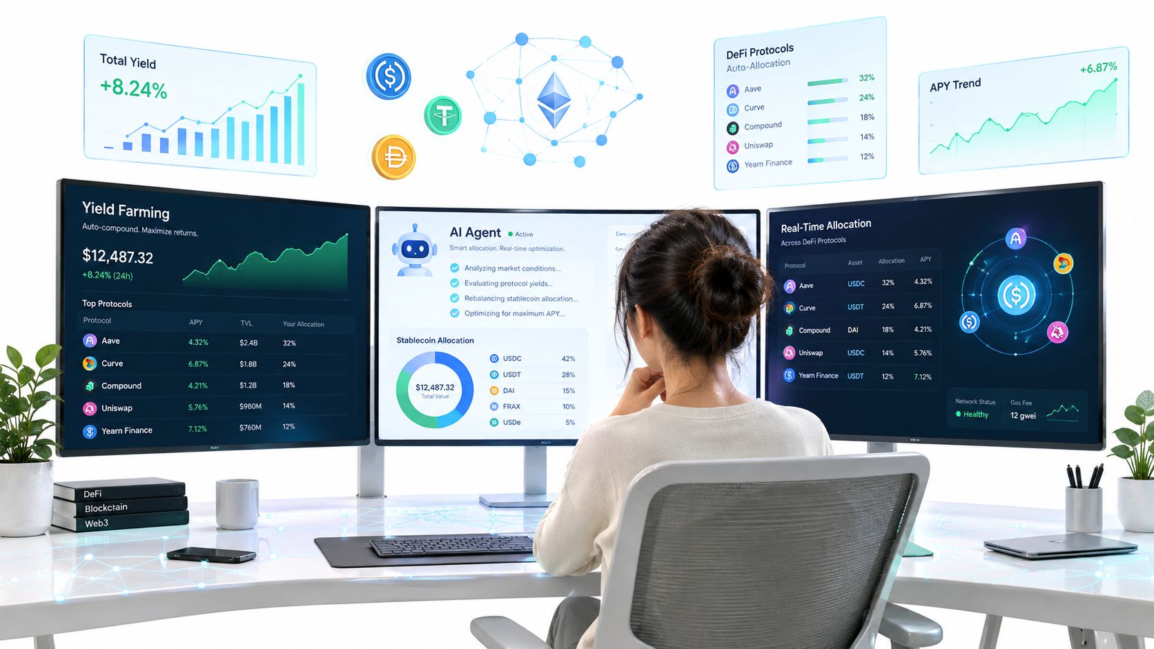 A woman working at a desk with three monitors showing real-time DeFi protocols and crypto investment data.