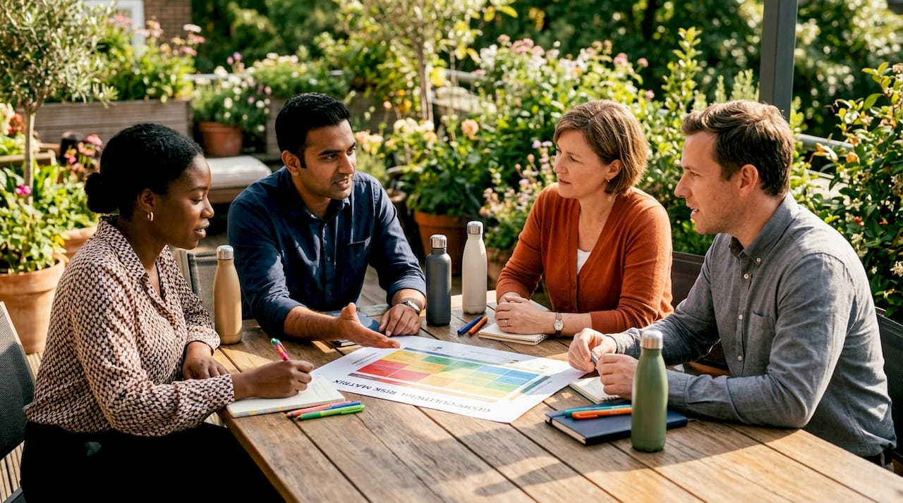 Team analyzing geopolitical risk matrix