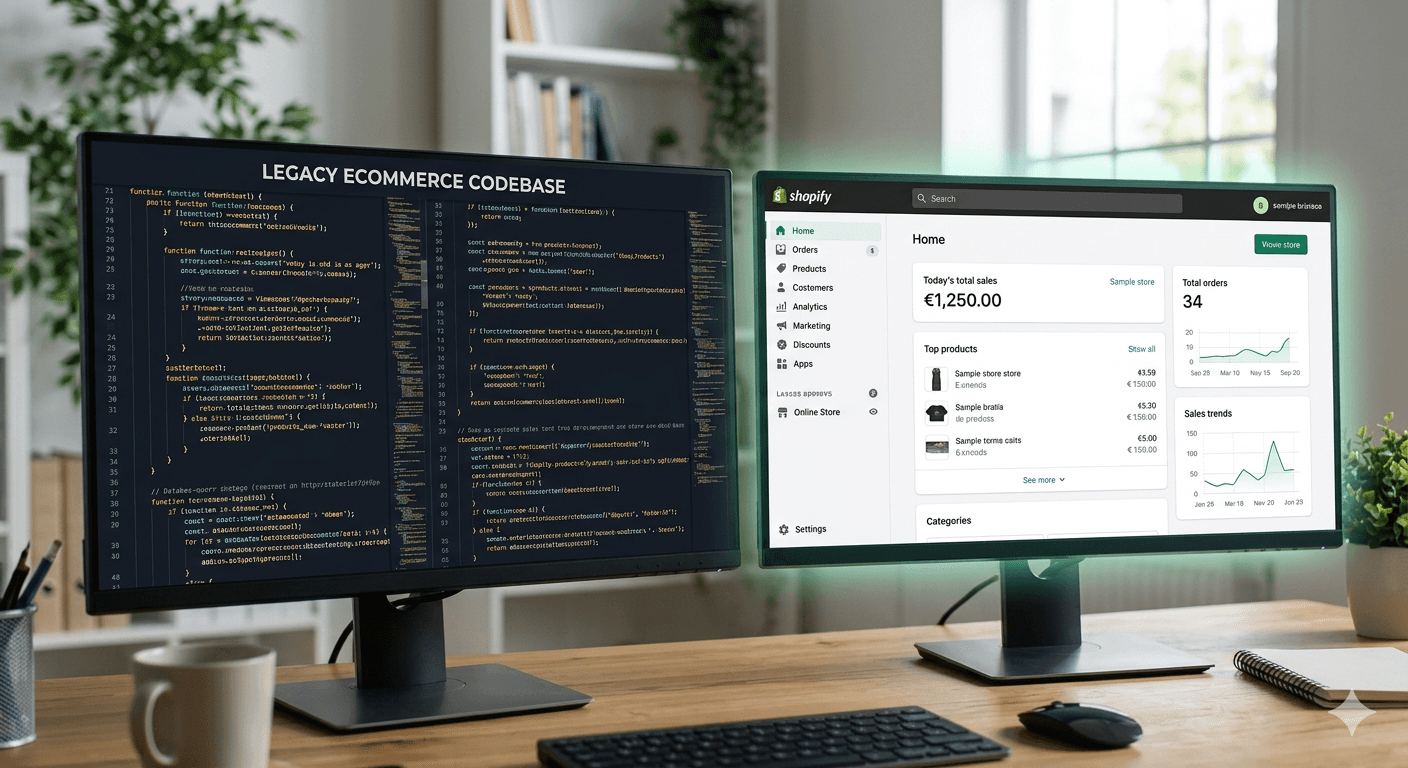 het Shopify-dashboard naast een ingewikkelde berg code