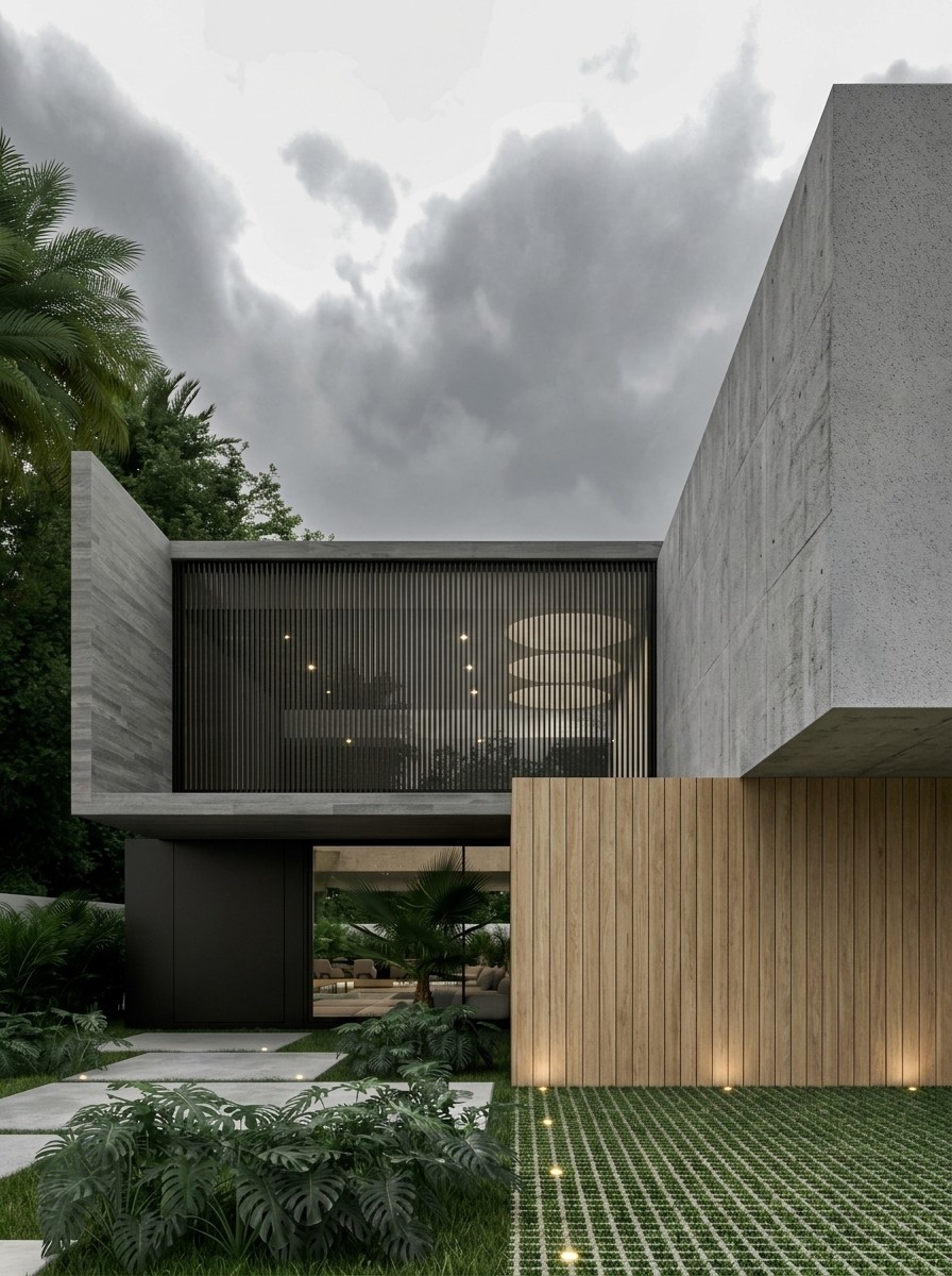 Modern brutalist concrete home exterior with wood slat accents and tropical plants.