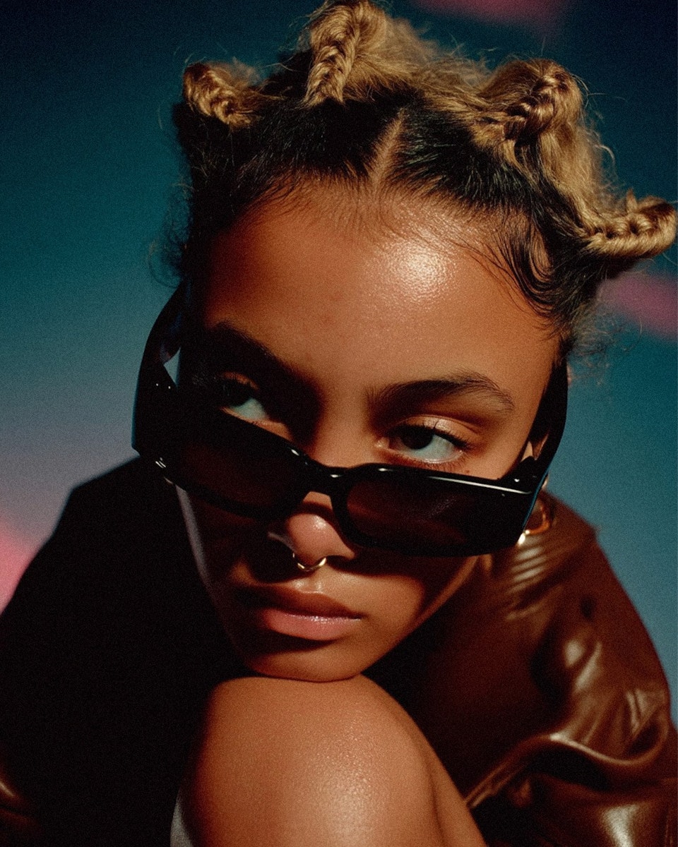 Portrait of a woman with braided buns and sunglasses resting her chin on her knee.