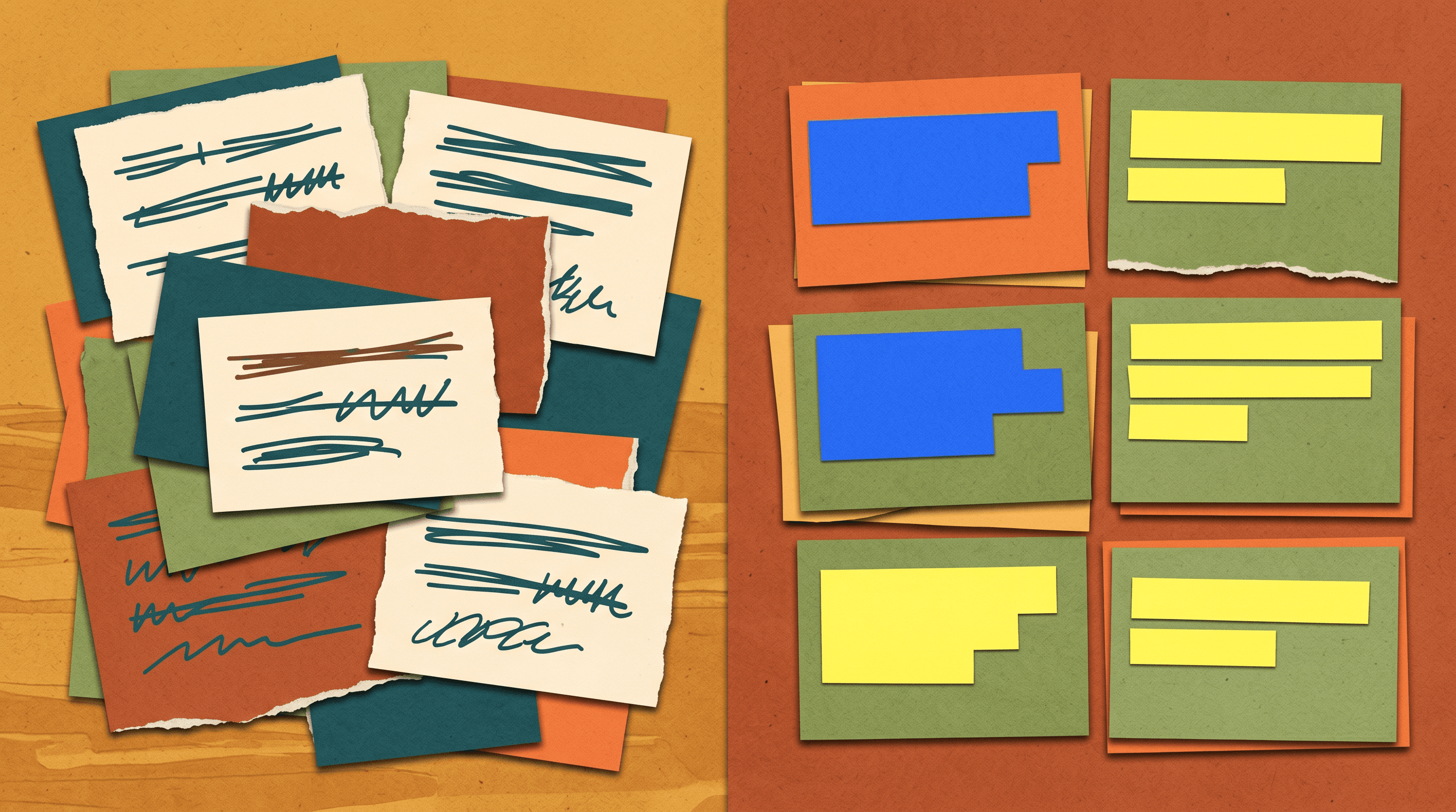 Marked-up title cards on a desk
