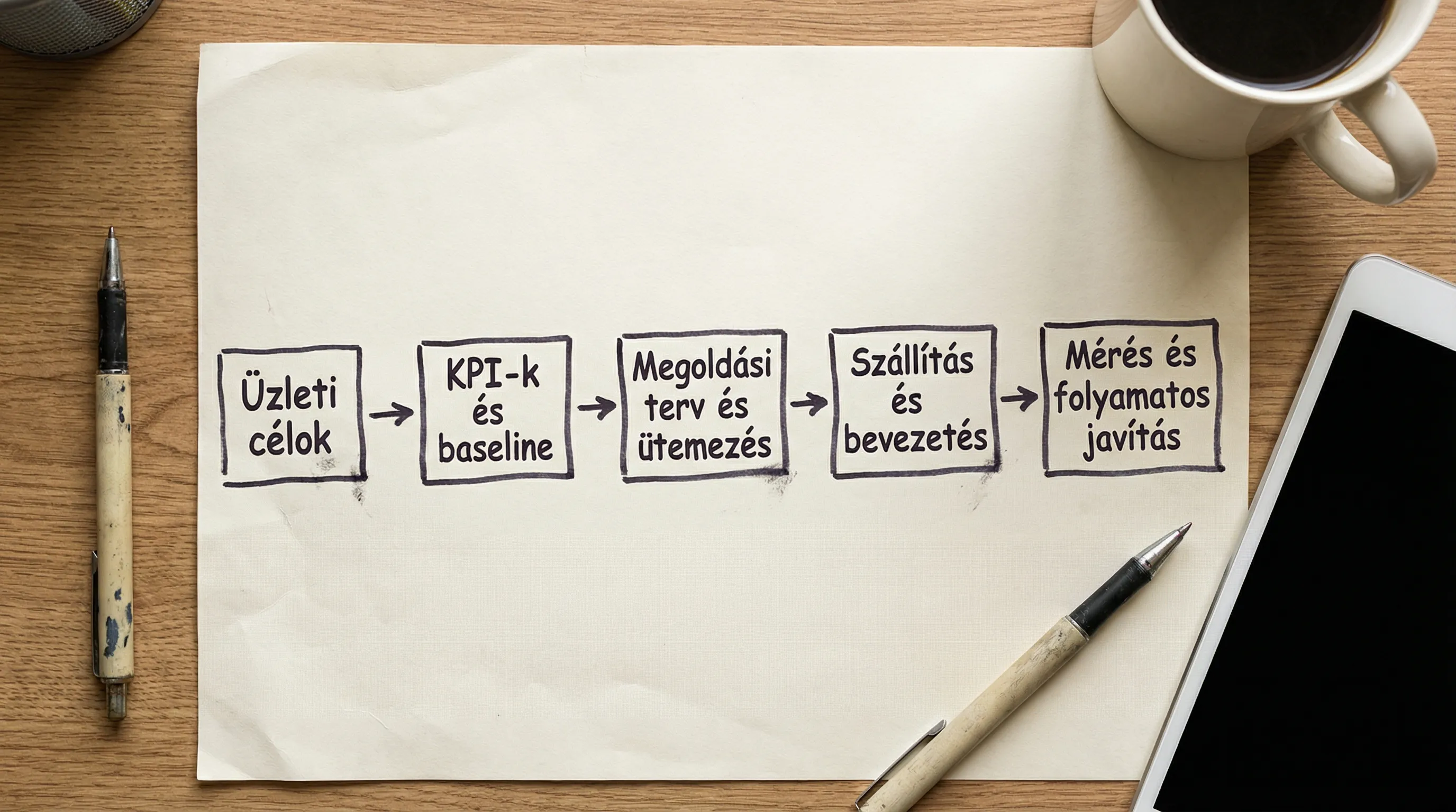 A simple flowchart for planning a digitization project: Business goals -> KPIs and baseline -> Solution plan and schedule -> Delivery and implementation -> Measurement and continuous improvement.