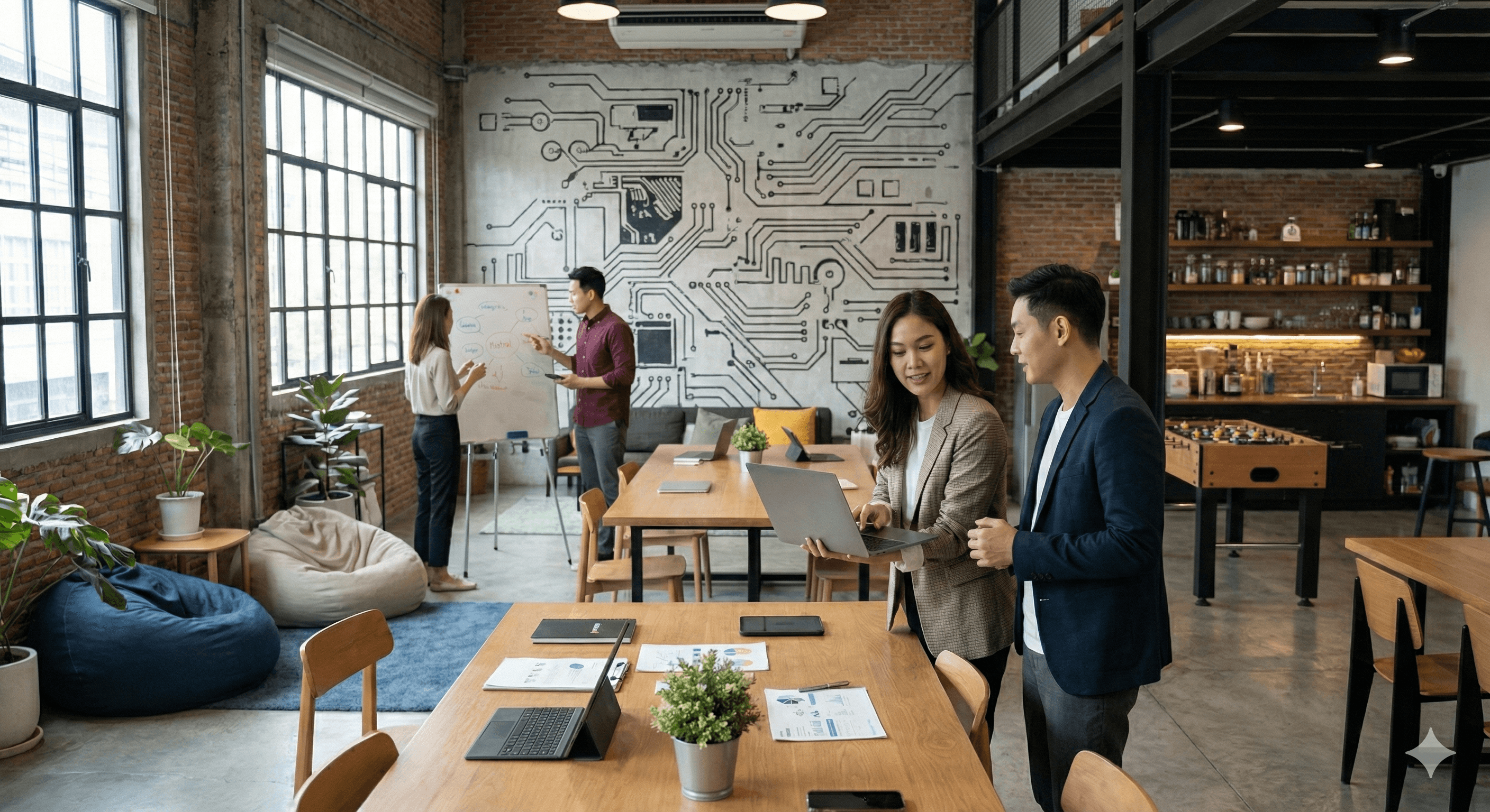 A modern office with an open layout features several people collaborating around wooden desks, with laptops and notepads scattered, greenery adding warmth, and large windows allowing ample natural light in a space with a wall circuit mural; ideal for productivity and innovative software discussions like Voxtral Transcribe 2, the fast, accurate speech-to-text solution for 2026.