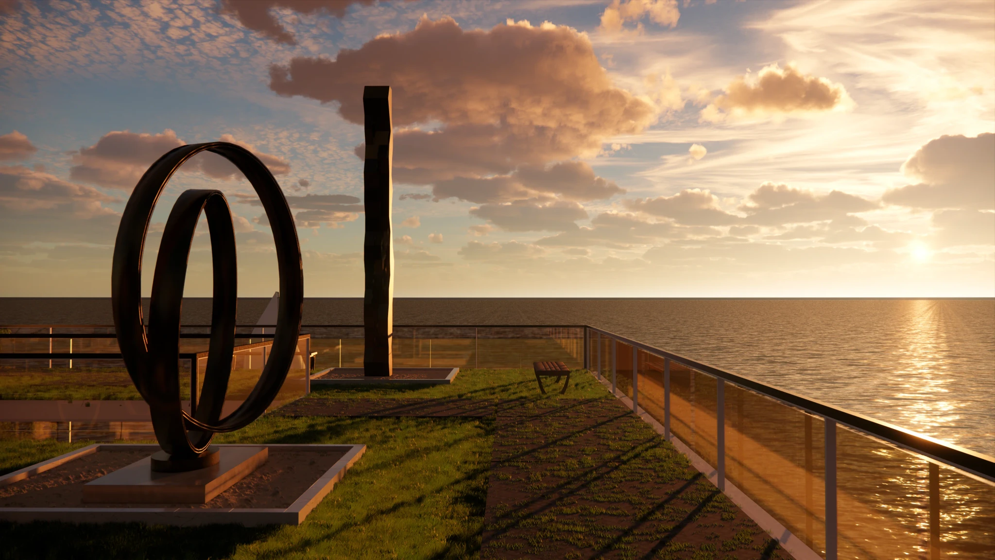 A rooftop at sunset with 2 art statues.