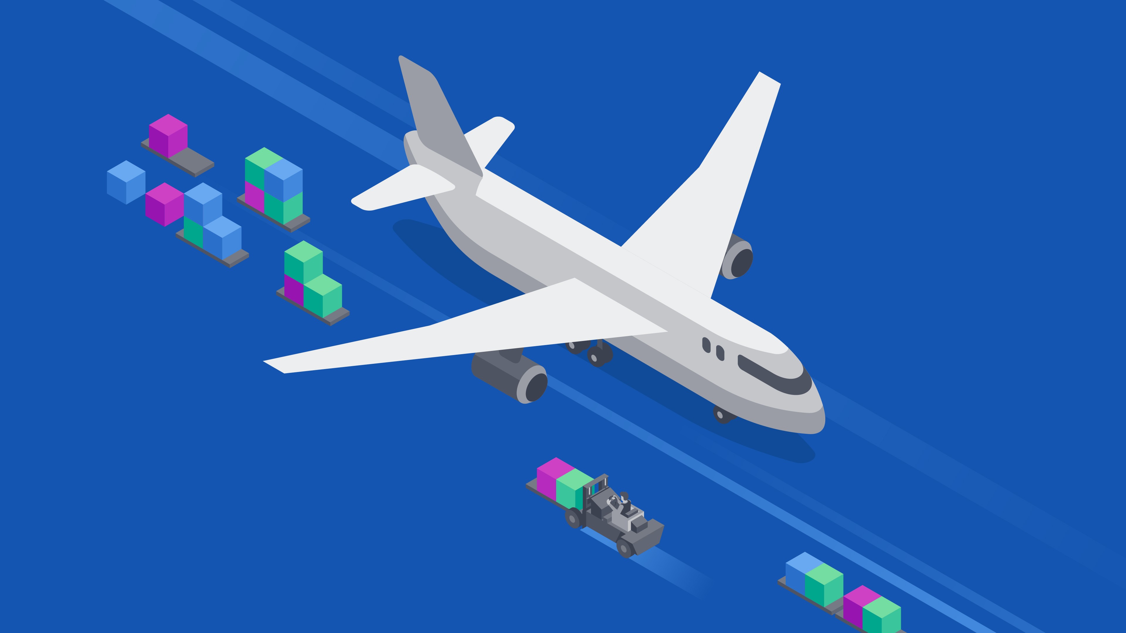 Simple isometric illustration of a logistic airplane at an airport loading up cargo.
