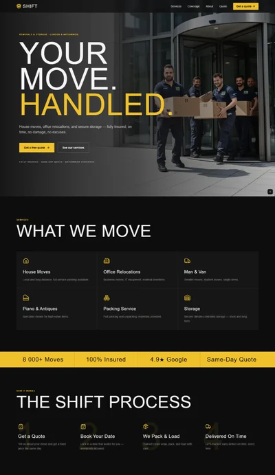 Moving company website prompt — dark near-black and signal yellow removals storage company bold website design preview