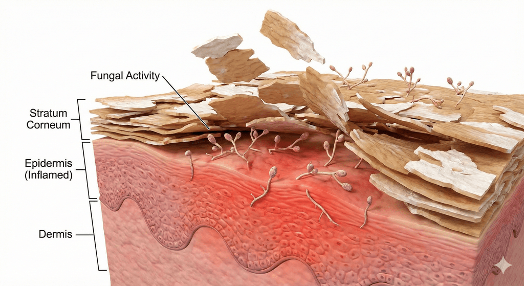 A 3D medical cross-section of the scalp skin layers. It depicts the stratum corneum (top layer) flaking off aggressively due to inflammation caused by fungal activity on the surface.