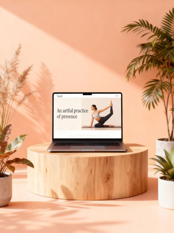 MacBook with yoga website on screen on a wooden pedestal