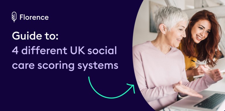 A Florence guide graphic on dark navy showing a care professional with the text "Guide to: different UK social care scoring systems"