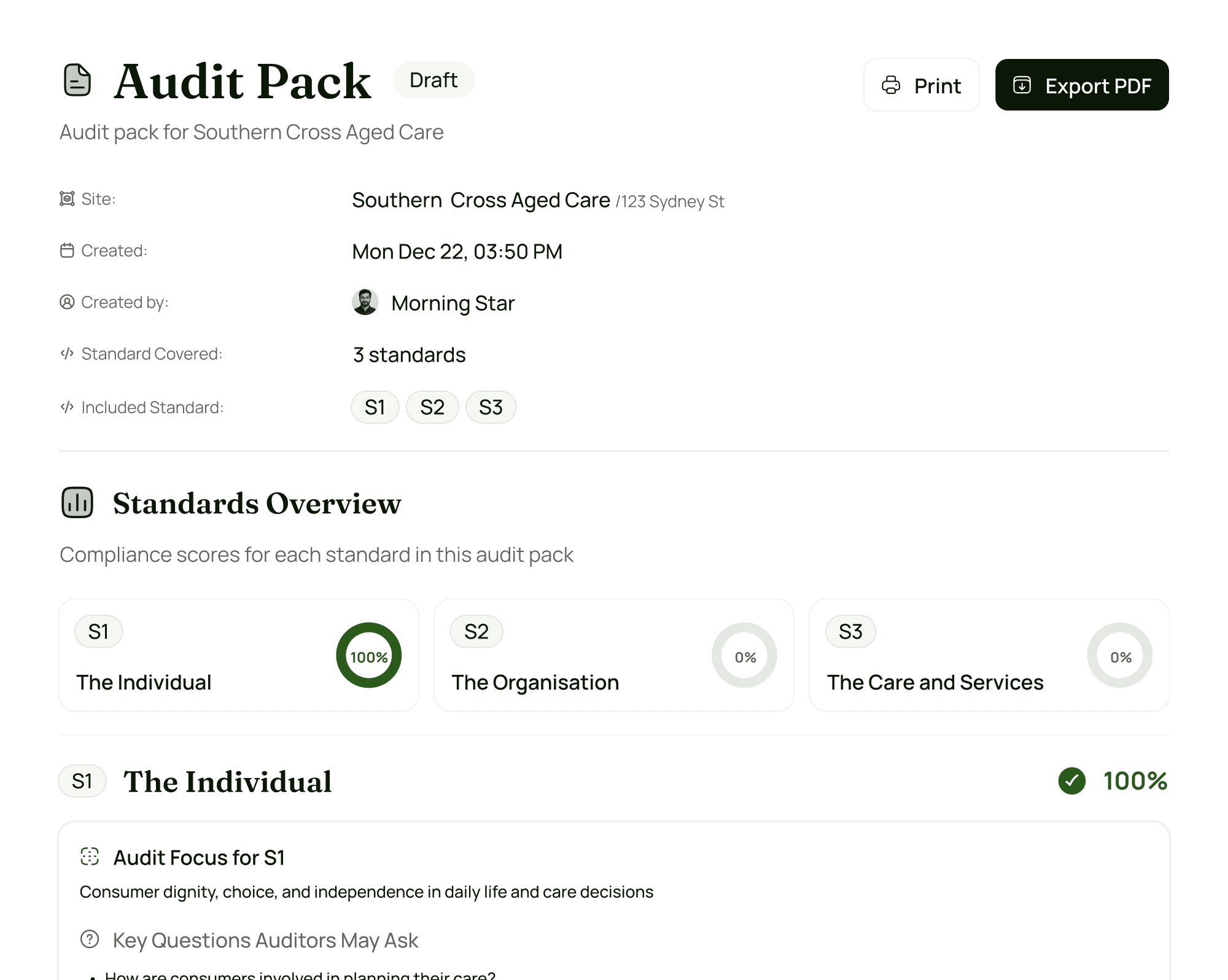 Audit pack interface showing readiness overview, standards progress, and export options