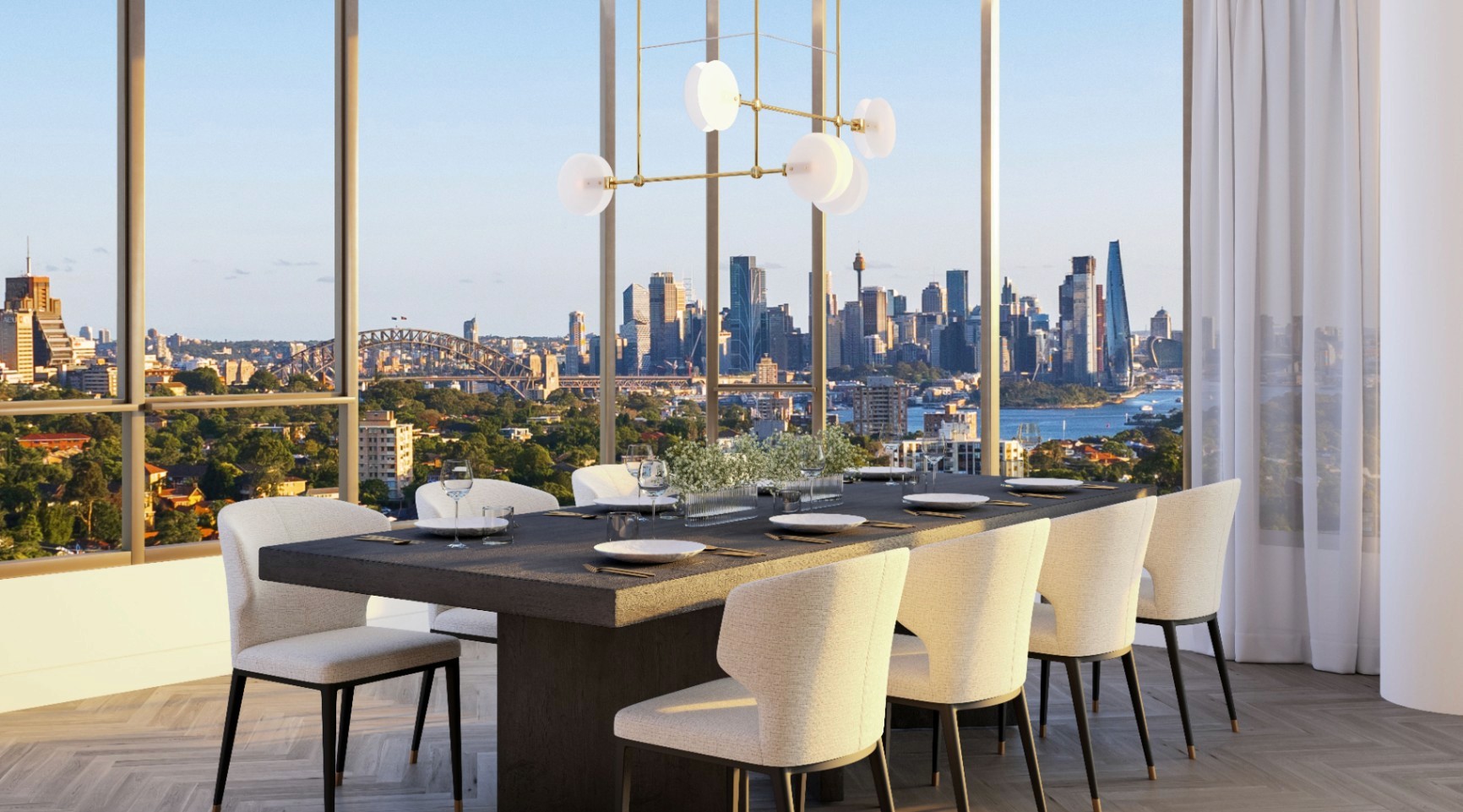 Elegant dining area with panoramic Sydney Harbour views in The Landmark Quarter apartment, off the plan Sydney real estate with $10K deposit Coposit