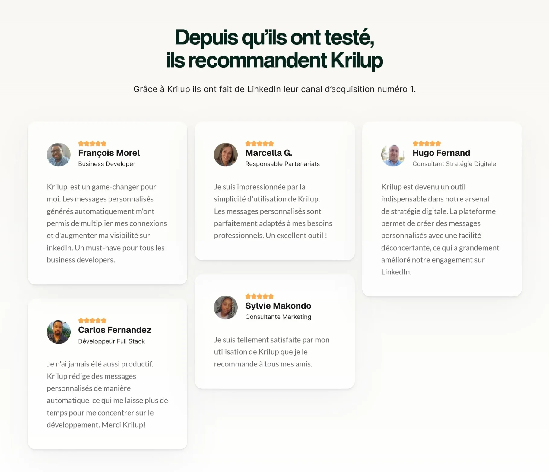 section témoignages landing page krilup