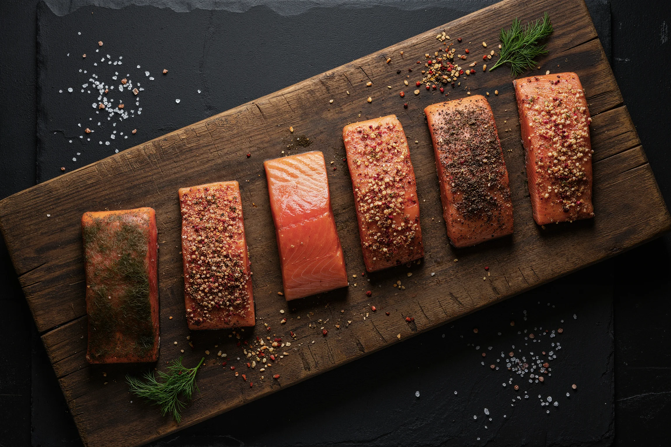 Auswahl verschiedener Räucherlachs-Spezialitäten auf Holzbrett