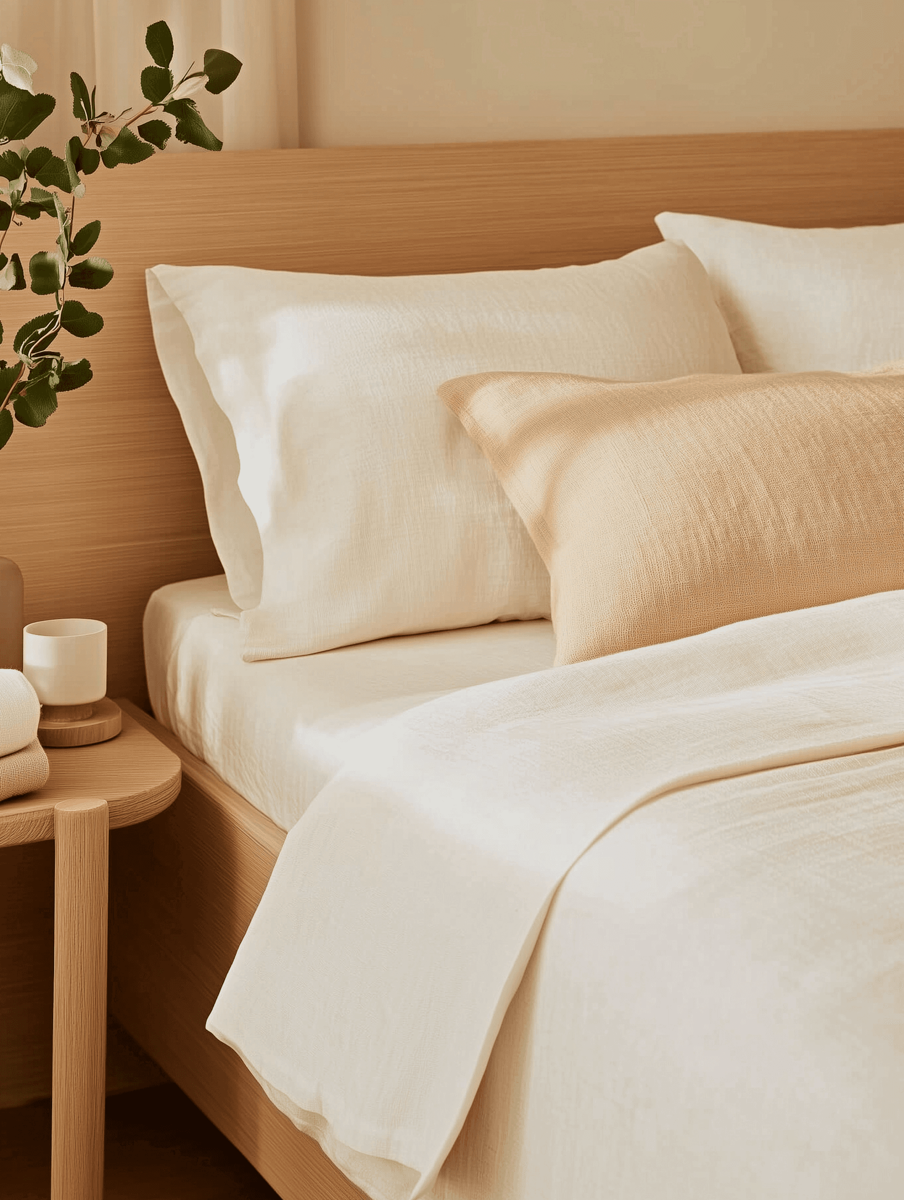 Serene bedroom close-up with natural oak wood headboard, white linen pillows, caramel accent pillow, eucalyptus branch, simple side table with mug